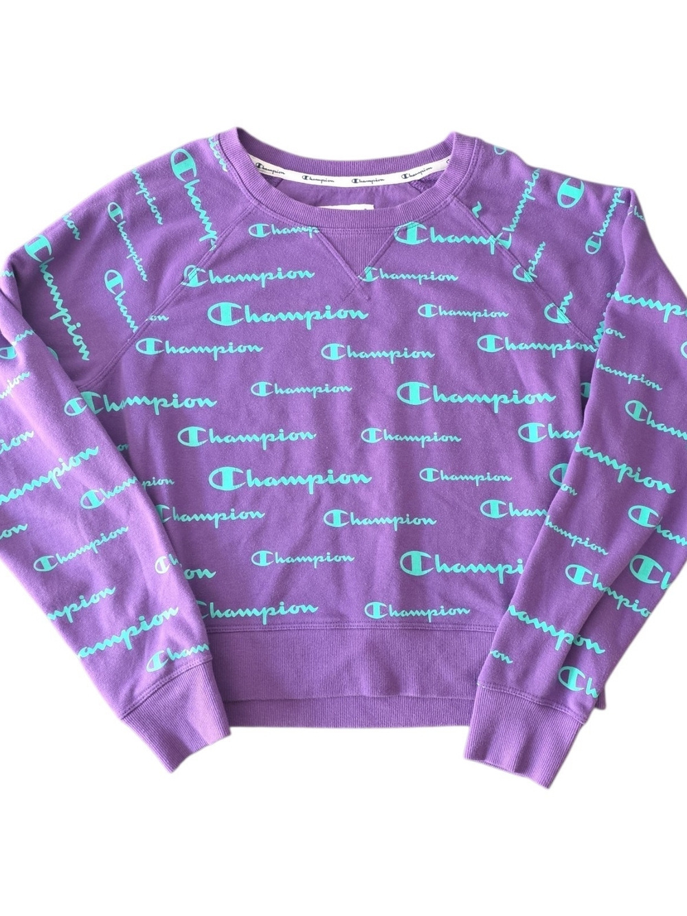 Champion Purple All-Over Logo Print Crewneck M